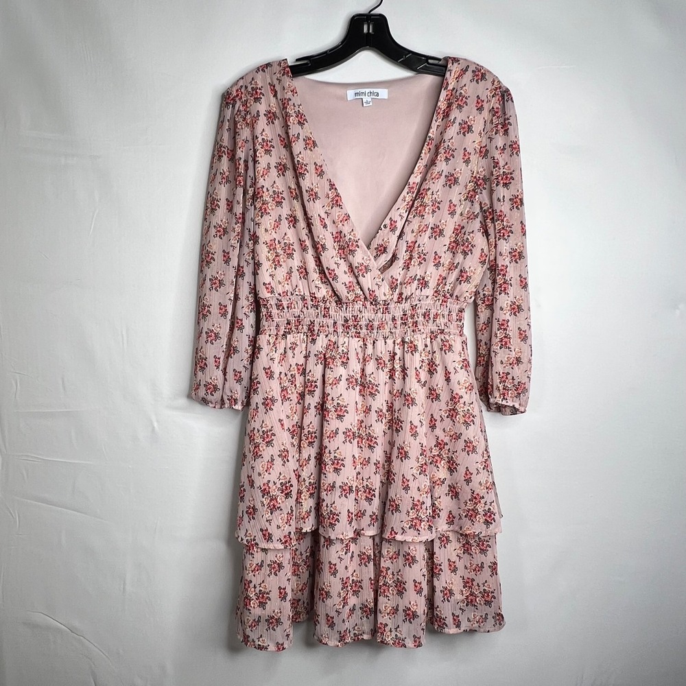 Mimi Chica Pink Floral Mini Dress Womens L Tiered Gold Smocked V-Neck Boho Fairy